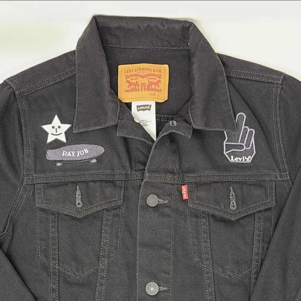 Levi's Trucker Denim Jean Jacket Peace Love Youth Kids Black Retro Vintage Lg